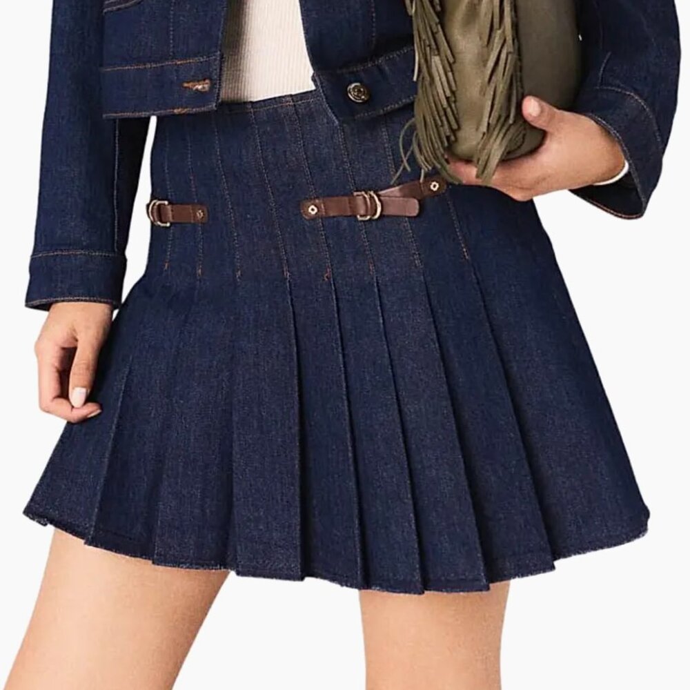 Maje Short Denim Pleated Skirt with Lining in Marine Blue Size 36